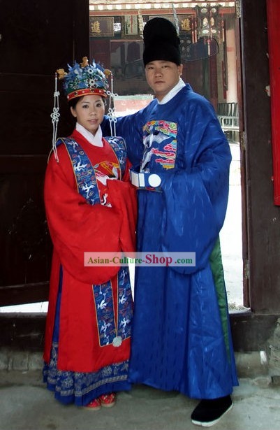 Ming Dynasty Wedding Dress 2 Sets for Bride and Bridegroom