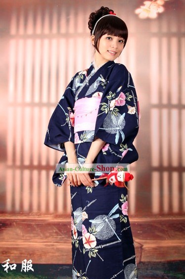 Japanese Morning Glory Yukata Kimono Obi Belt and Geta Sandal Six Pieces Complete Set for Women