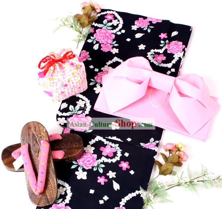 Giapponese Yukata Kimono Obi Belt e Geta Sandal Sei pezzi set completo per le donne