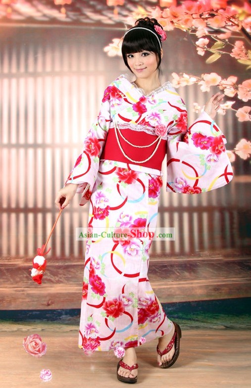 Romantic Japanese Yukata Kimono Obi Belt and Geta Sandal Six Pieces Complete Set for Women