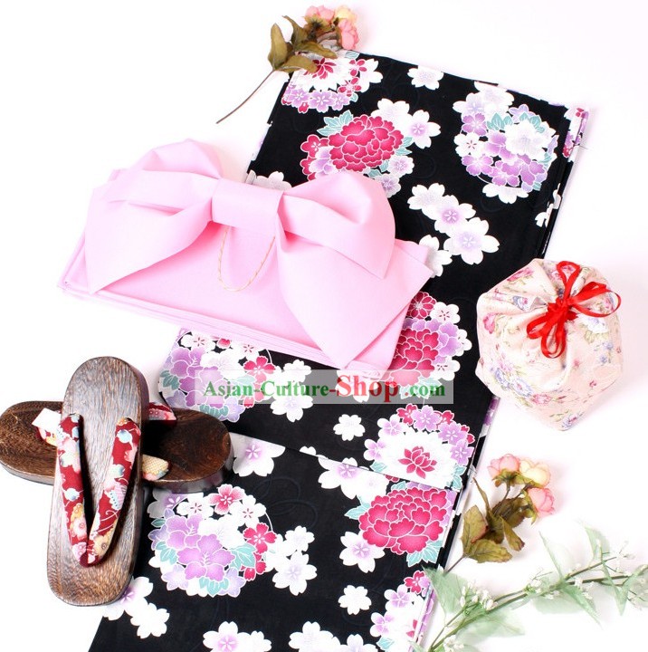 Kimono japonés Yukata Obi Cinturón Geta Sandal juego completo para damas