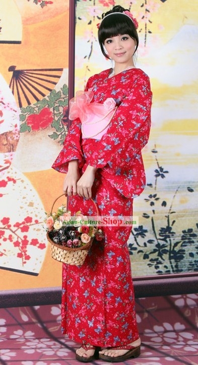 Kimono japonés Yutaka Red Obi Cinturón Geta Sandal juego completo para la Mujer