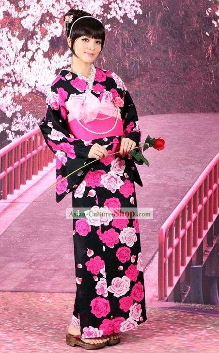 Tradicional japonés Yutaka Kimono y Obi Geta Set Sandal completa para la Mujer