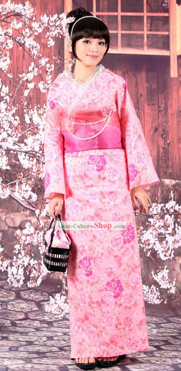 Traditionnel japonais Yutaka Kimono rose Obi et Geta Sandal Set complet pour les femmes