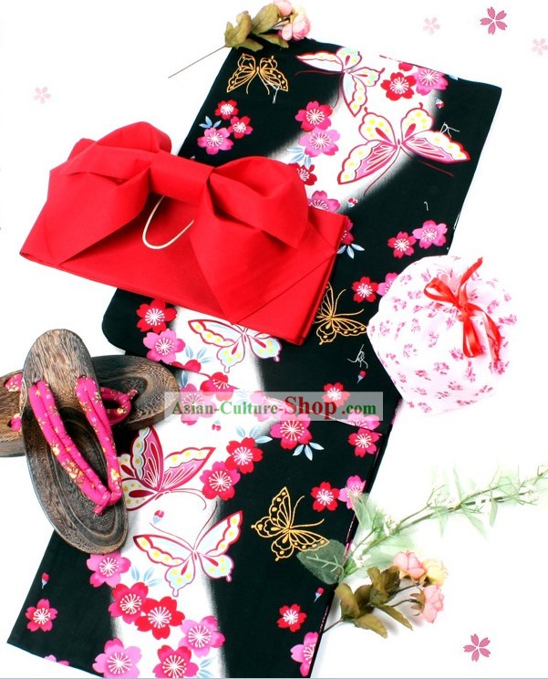 Tradicional japonés Yutaka mariposa Kimono y Obi Geta Set Sandal completa para la Mujer