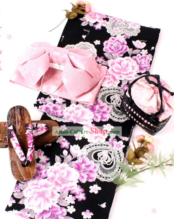 Japonés Yutaka ropa Kimono y Obi Geta Set Sandal completa para la Mujer