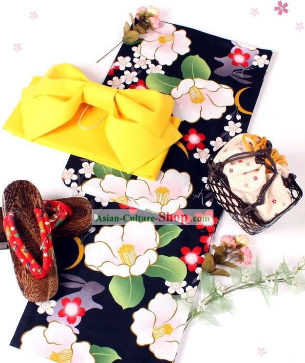Kimono japonais Yutaka Vêtements Obi et Geta Sandal Set complet pour les femmes