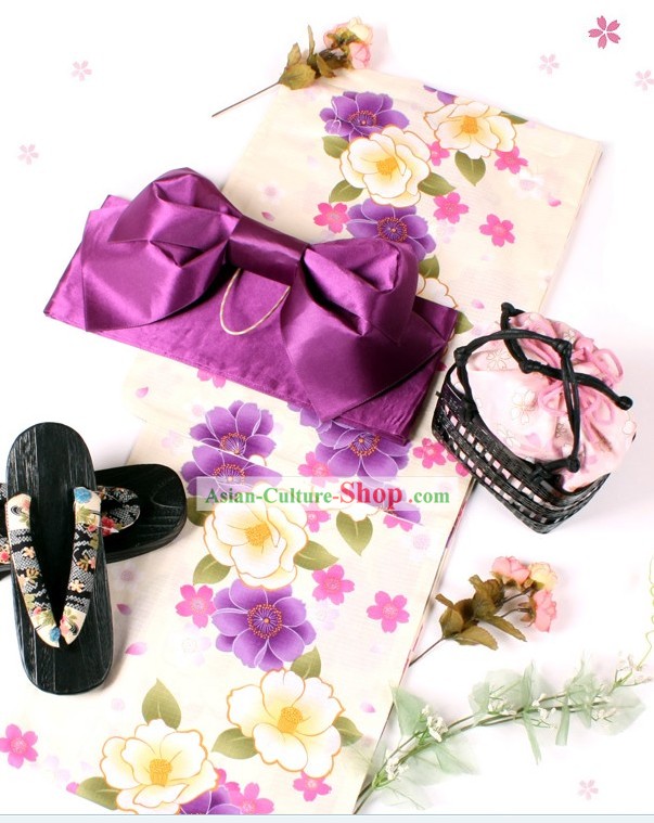 Japanese Tea Flower Yutaka Kimono Obi and Geta Sandal Complete Set for Women