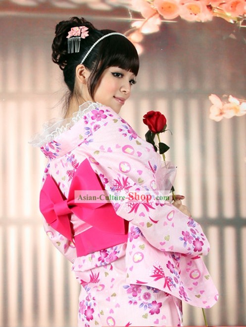 Japonés Yutaka kimono rosa romántico y Obi Geta Set Sandal completa para la Mujer