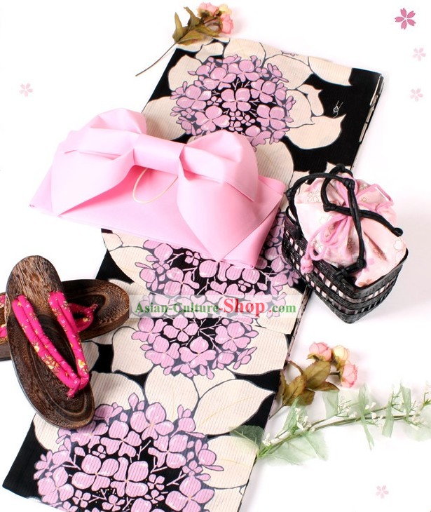 Japonés Yutaka kimono rosa romántico y Obi Geta Set Sandal completa para la Mujer