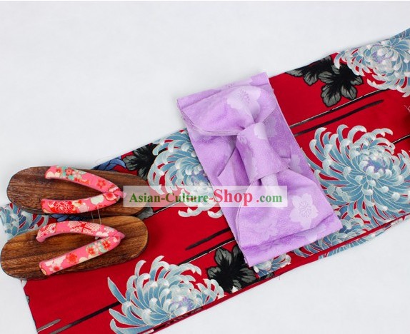 Kimono japonés Yukata Obi y Geta Set Sandal completa para la Mujer