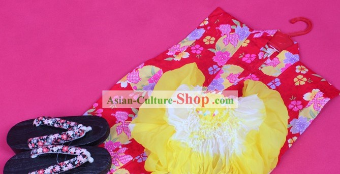 Japanese Yukata Kimono Dress Obi and Geta Sandal Complete Set for Children