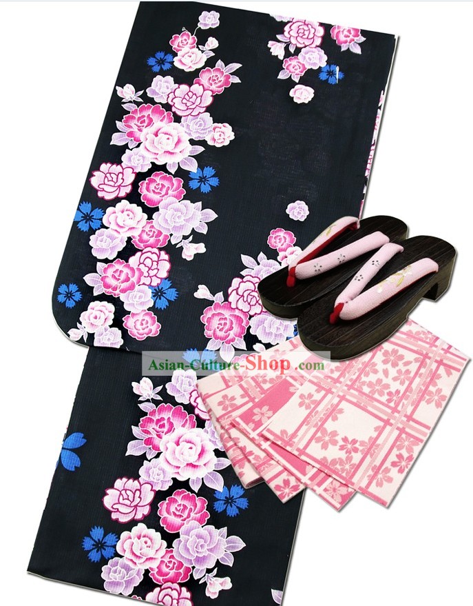 Japanese Yukata Kimono Dress Complete Set for Women