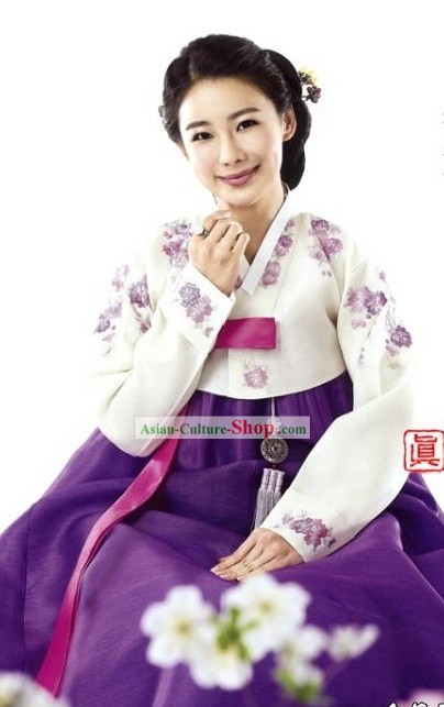 Korean Traditional Beautiful Women Embroidered Flower Mother Hanbok Dress
