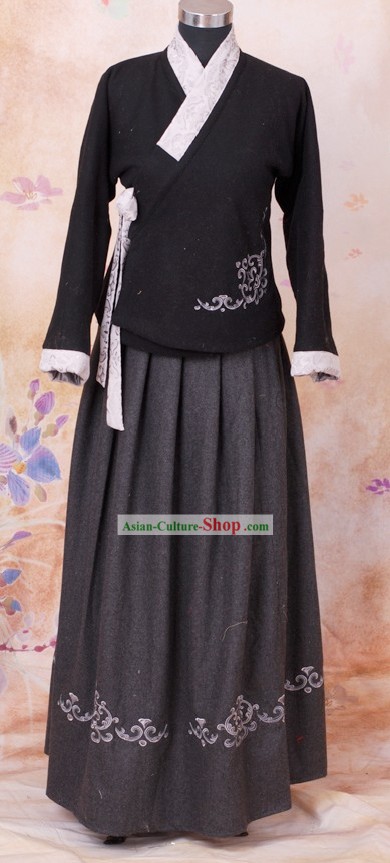 Black Han Fu Winter Jacket and Skirt Complete Set