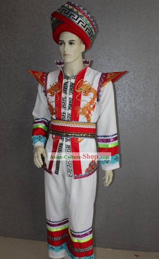 Chinese Ethnic Zhuang Minority Dragon Clothing and Hat for Men