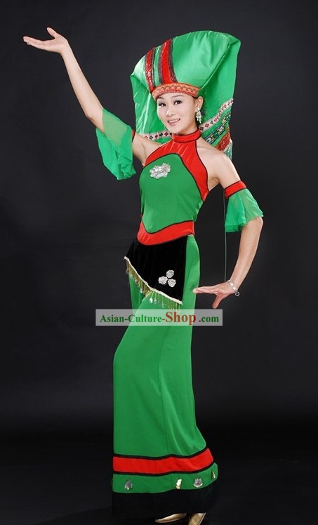 Green Chinese Ethnic Zhuang Clothing and Hat for Women