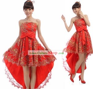 Chinese Classical Red Golden Flower Evening Dress