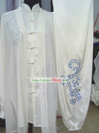Traditional Chinese Silk Embroidered Flower Tai Chi Competition Clothing Set