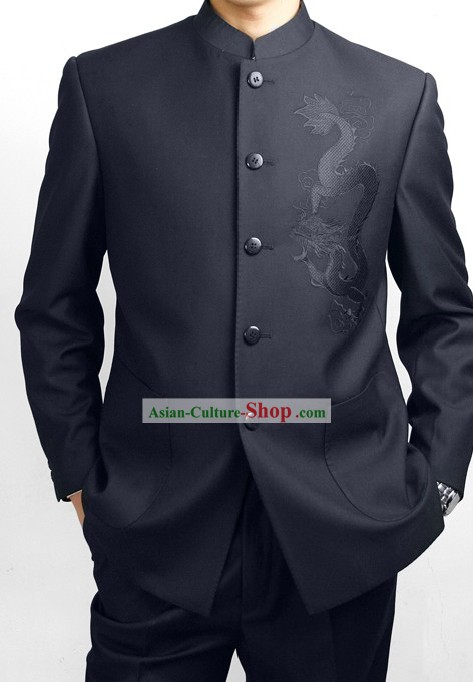 Formal Chinese Deep Blue Dragon Wedding Suit