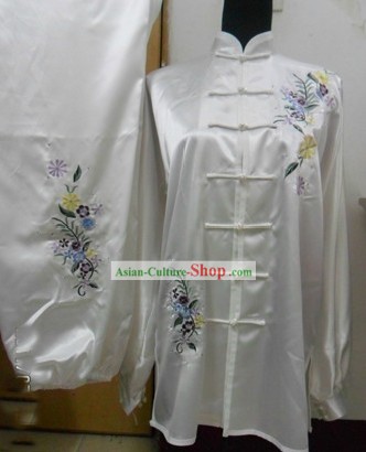 Chinese Long Sleeve Flower Silk Wushu Contest Suit