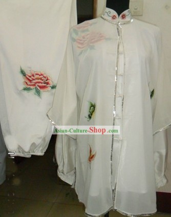 Chinese Embroidered Flower Silk Wushu Dress and Veil Set
