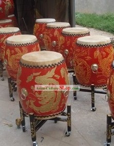 Traditional Chinese Red Dragon and Phoenix Wooden Drum