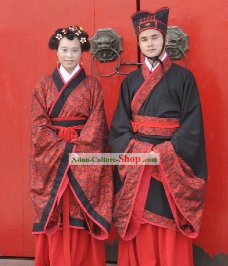 Traditional Chinese Wedding Ceremony Hanfu Dress 2 Sets for Men and Women