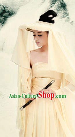 Ancient Chinese Lady in White Clothes and Hat Complete Set