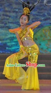 Chinese Classical Feitian Flying Apsaras Dance Costumes and Headpiece for Kids