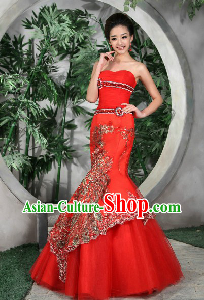 Lucky Red Chinese Style Phoenix Evening Dress for Brides