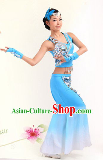 Blue Chinese Dai Ethnic Dance Costumes for Women