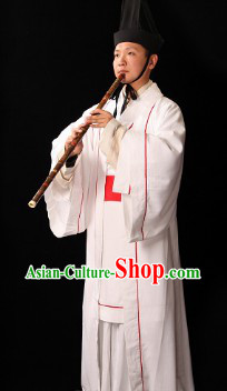 Ancient Chinese White Palace Male Musician Costumes and Hat