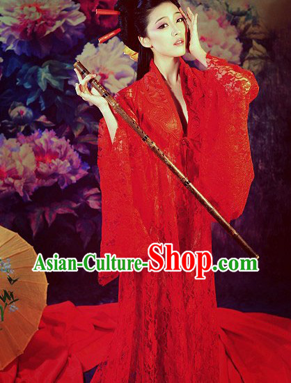 Lucky Red Long Trail Hanfu Clothing Complete Set for Women