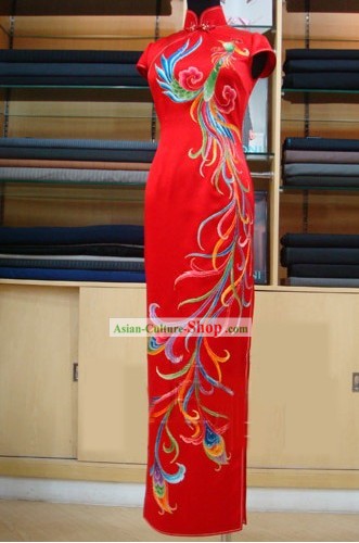 Lucky Red Chinese Embroidered Phoenix Wedding Qipao
