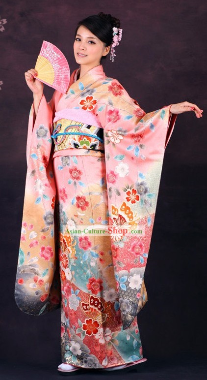 Traditional Japanese Pink Butterfly Furisode Kimono for Women (Sold)