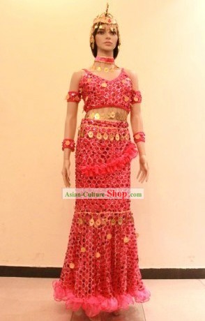 Traditional Dai Minority Ethnic Dance Costume and Headwear for Women