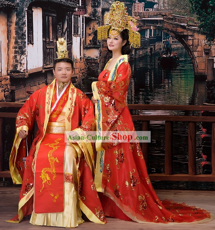 Ancient Chinese Ceremonial Wedding Dress and Hats Two Complete Sets