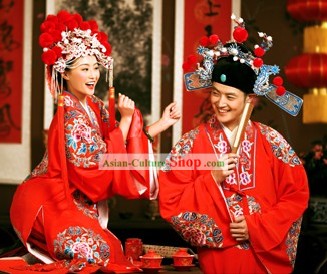 Traditional Mandarn Wedding Dress and Hat Two Complete Sets for Couple