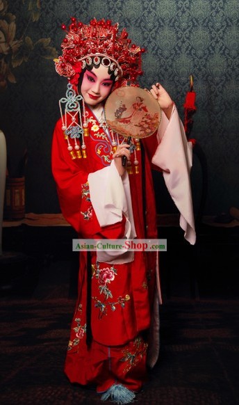 Chinese Beijing Opera Red Actress Costume and Phoenix Crown