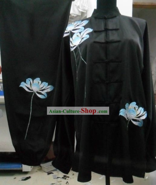 Black Silk Lotus Embroidery Tai Chi Uniform for Women