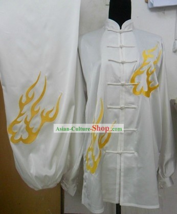 White Flame Pattern Kung Fu Silk Suit for Men