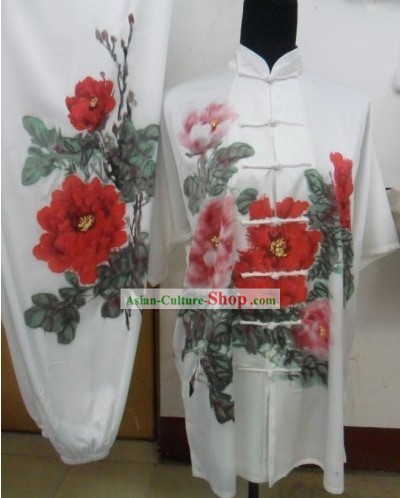 Short Sleeve Silk Hand Painted Peony Tai Chi Performance Uniform for Women