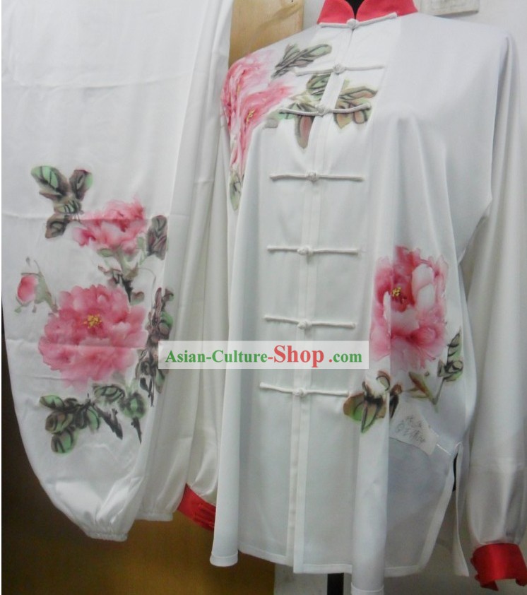 Chinese Classic Silk Hand Painted Peony Tai Chi Competition Uniforms for Women