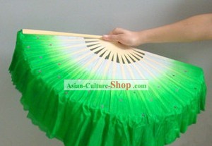 Chinese Color Transition White and Green Sequins Silk Dance Fan