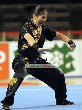 Black Kung Fu Competition and Exercises Silk Dress Complete Set for Women