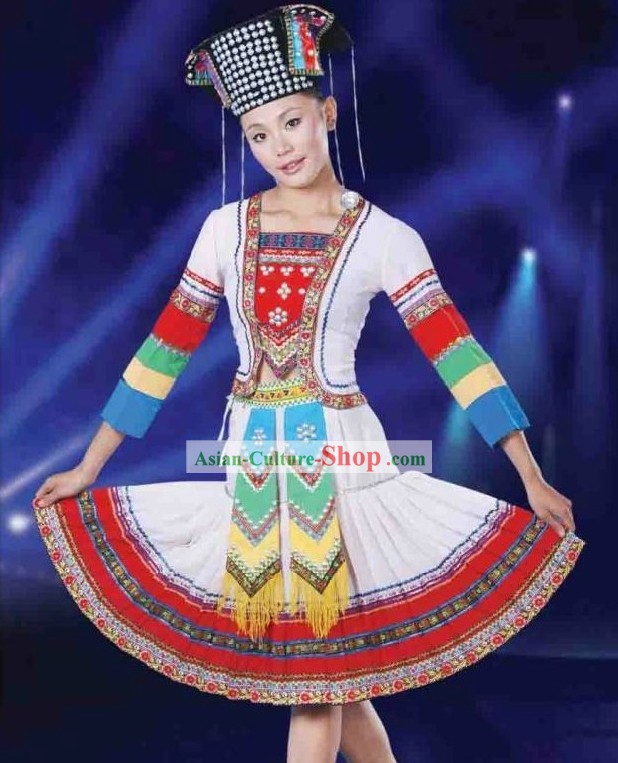 Chinese Ethnic Hani Dance Costumes and Hat for Women