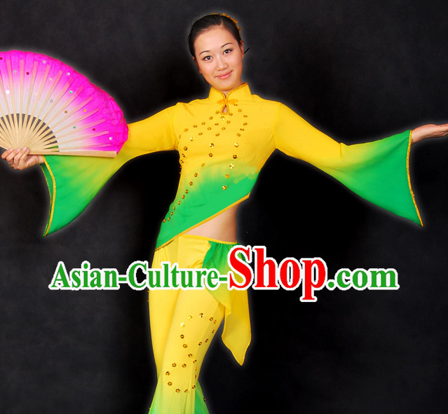 Chinese Color Transition Fan Dance Costume Complete Set for Women