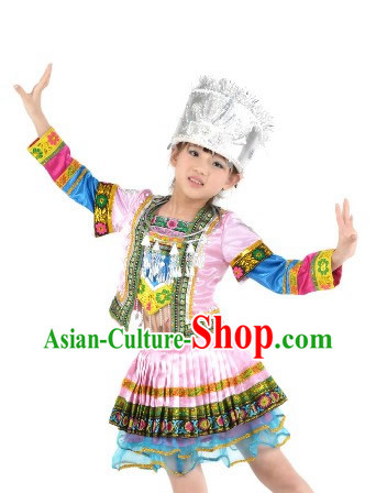 Chinese Miao Ethnic National Dance Costume and Silver Crown Complete Set for Children