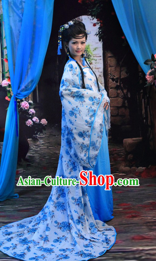 Traditional Chinese Blue Flower Hanfu Clothing for Women